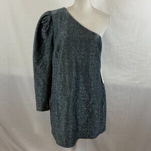 Happy Nature One Shoulder Dress XL Gray Blue Sparkle Metallic Long Sleeve Lined